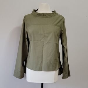 J.Crew Olive Green cotton blouse with pleated collar and cuffs Size 10